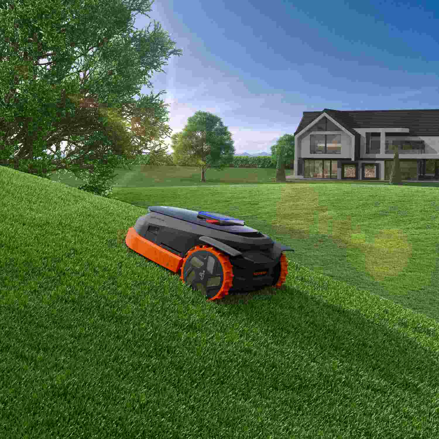 Segway Navimow lawnmower up on the steep slope. Get professional installation from The Gardener's Rain!